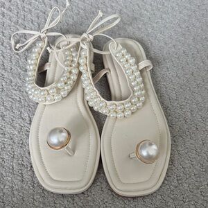 Pearl-Embellished Cream Toe-Ring Sandals with Ankle Tie